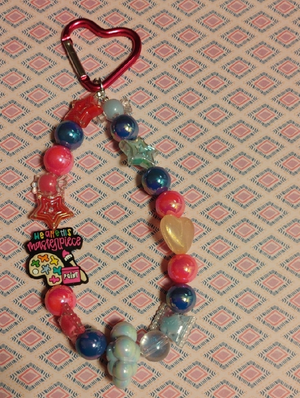 Kids Heart Carabiner Beaded Charm Keychain - Pink Multicolor